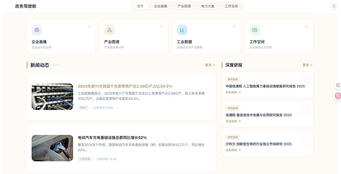 某市中小企业服务部门政务驾驶舱：企业画像、产业图谱、工业数据与工作空间
