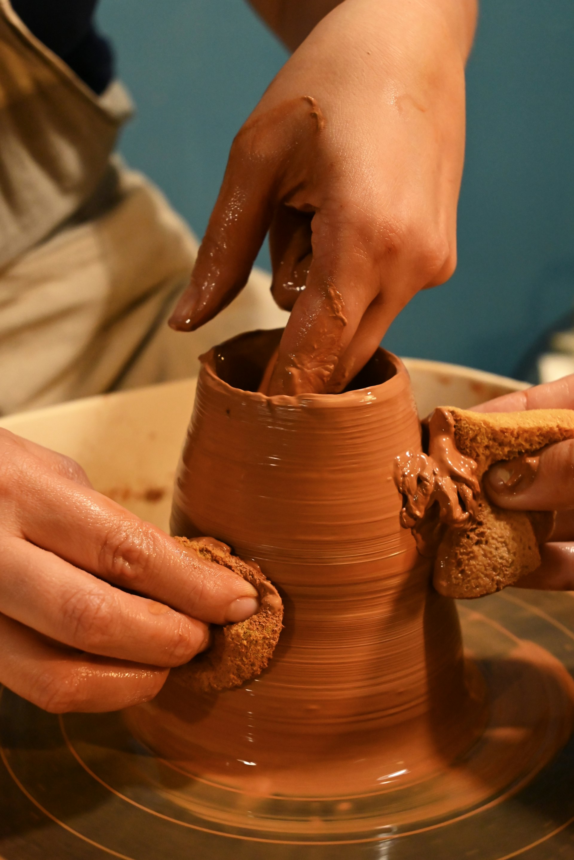 Handcrafted pottery in warm studio lighting