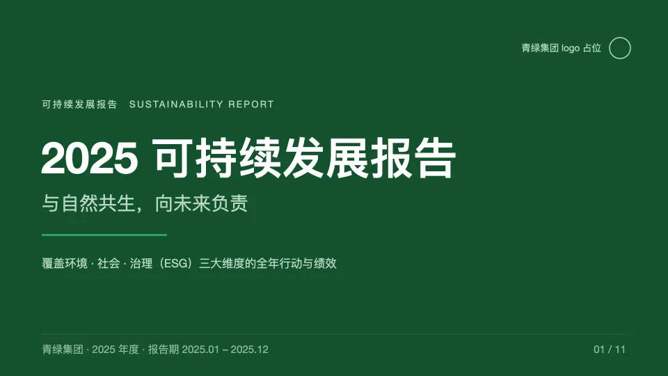 可持续发展报告 PPT 封面：深绿背景，标题为「2025 可持续发展报告」